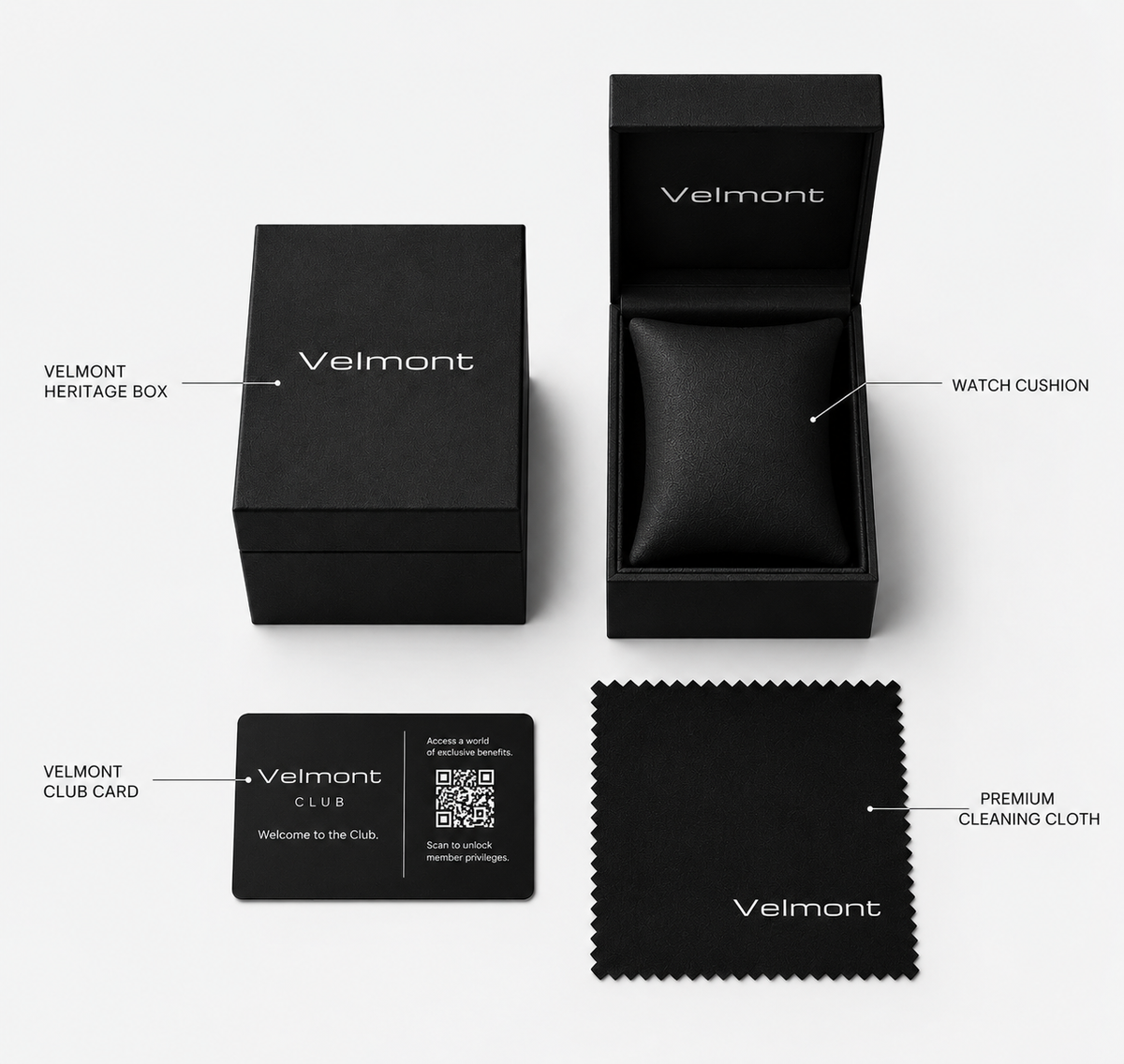 Velmont - caja, tarjeta club, paño de limpieza